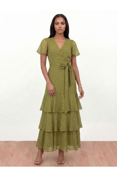 Anaya With Love Recycled Olive Faux Wrap Ruffle Midaxi Dress