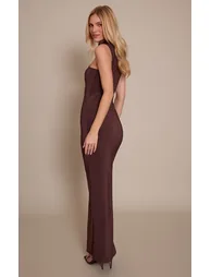 Chocolate Double Layer Slinky High Neck Trim Detail Maxi Dress - 1