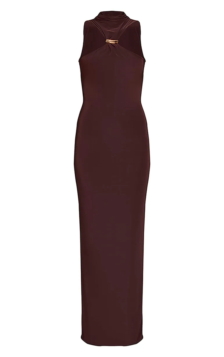 Chocolate Double Layer Slinky High Neck Trim Detail Maxi Dress - 4
