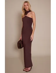 Chocolate Double Layer Slinky High Neck Trim Detail Maxi Dress - 2