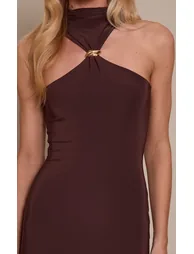 Chocolate Double Layer Slinky High Neck Trim Detail Maxi Dress - 3
