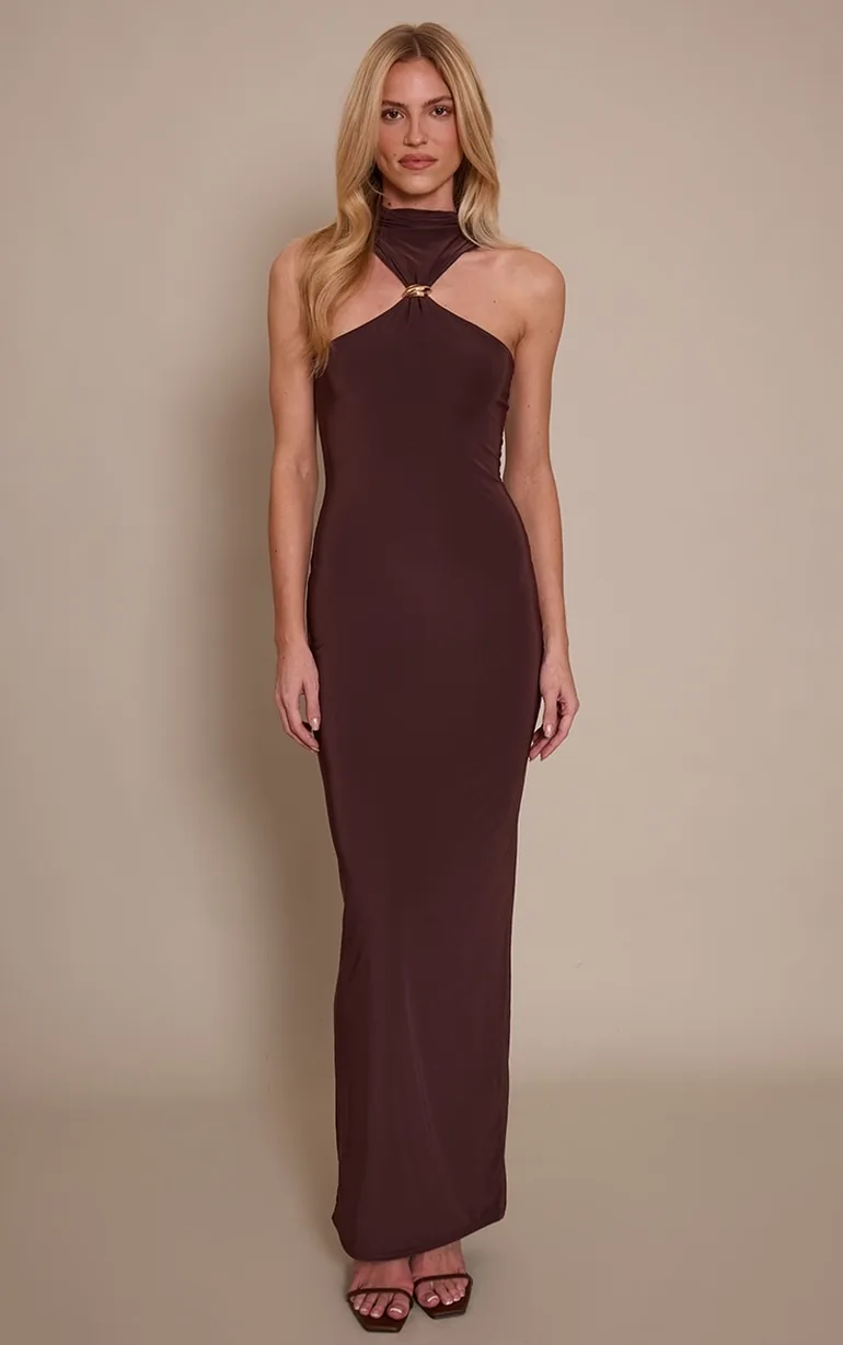 Chocolate Double Layer Slinky High Neck Trim Detail Maxi Dress