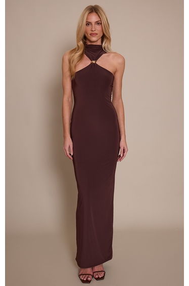 Chocolate Double Layer Slinky High Neck Trim Detail Maxi Dress