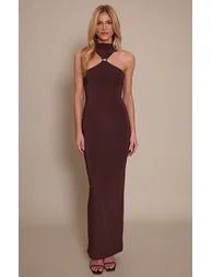 Chocolate Double Layer Slinky High Neck Trim Detail Maxi Dress