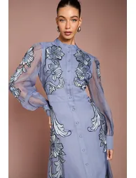 Placement Embroidered Long Sleeve Midi Dress - 1