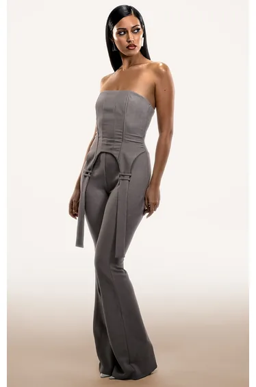 PLT Label Light Grey Corset Strap Detail Jumpsuit