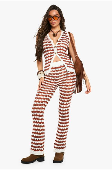 Stripe Crochet Knitted Waistcoat - rust