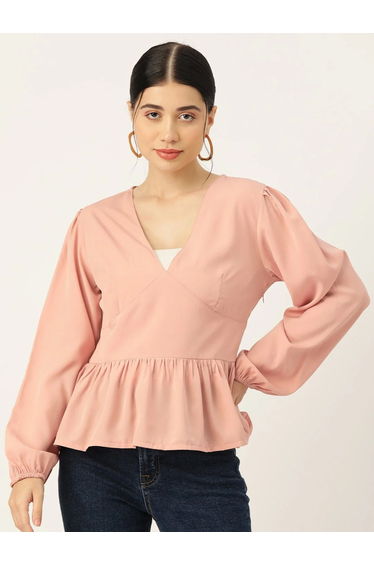 Women Peach Balloon Sleeve Crepe Peplum Top