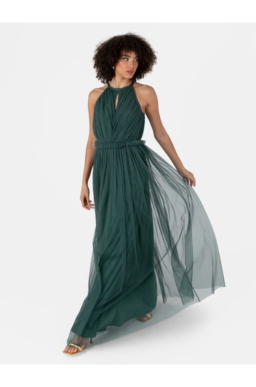 Green Halter Neck A-Line Maxi Skater Dress with Ruffles