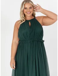 Green Halter Neck A-Line Maxi Skater Dress with Ruffles - 6