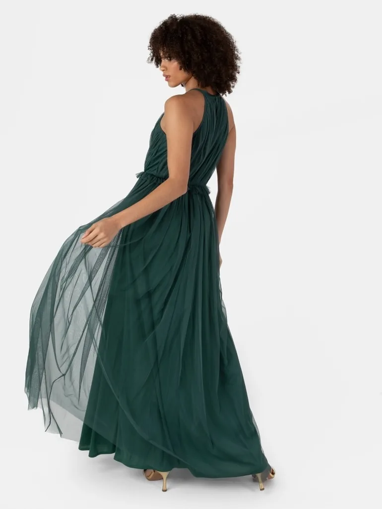Green Halter Neck A-Line Maxi Skater Dress with Ruffles - 1