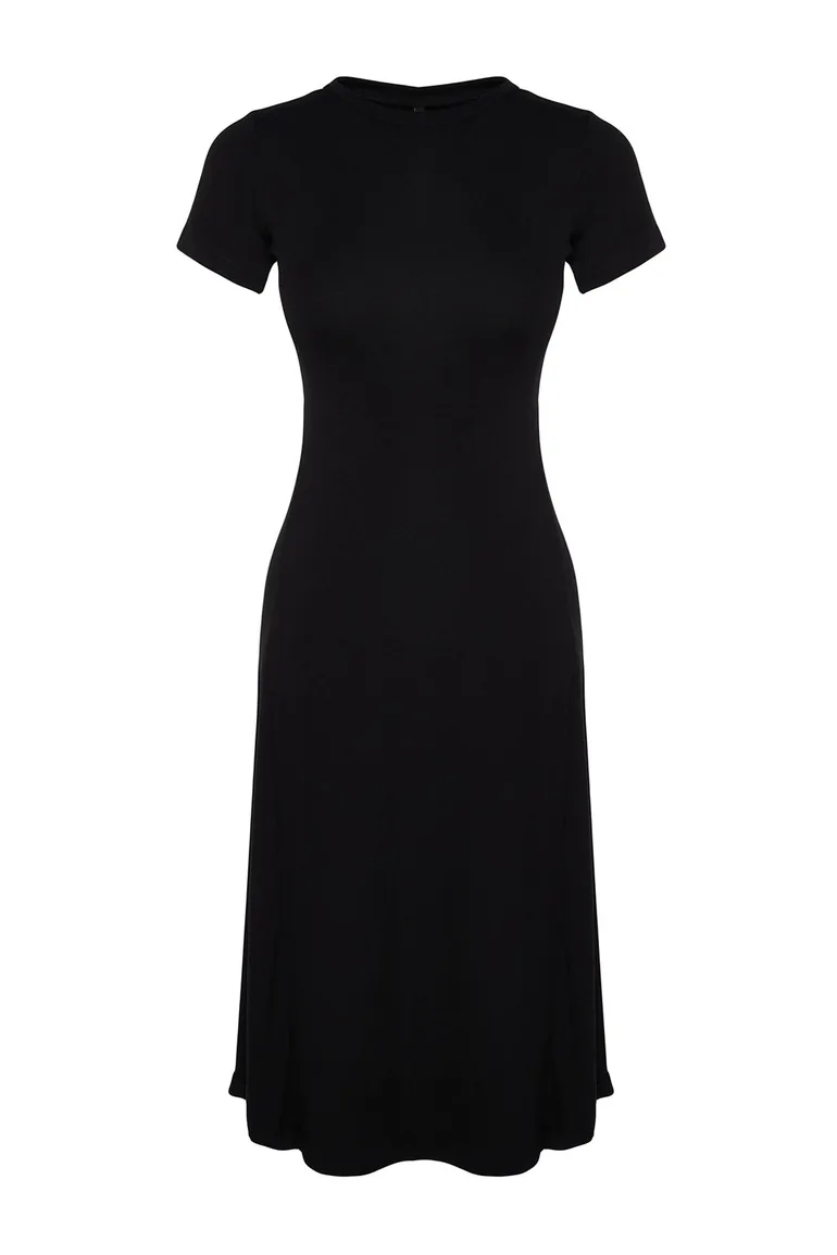 Black Flounce Midaxi Elastic Knitted Dress - 6