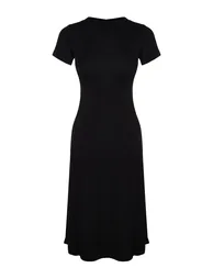 Black Flounce Midaxi Elastic Knitted Dress - 6