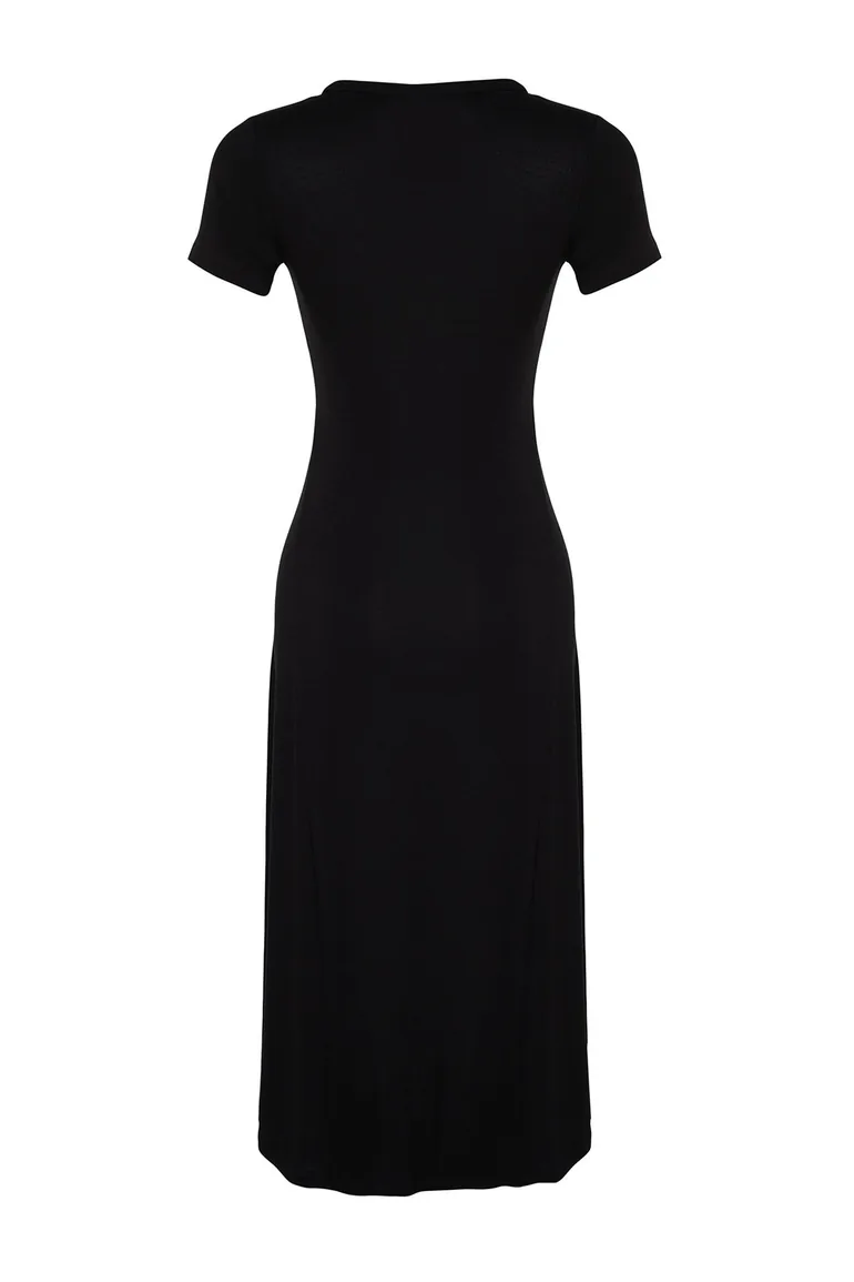 Black Flounce Midaxi Elastic Knitted Dress - 7