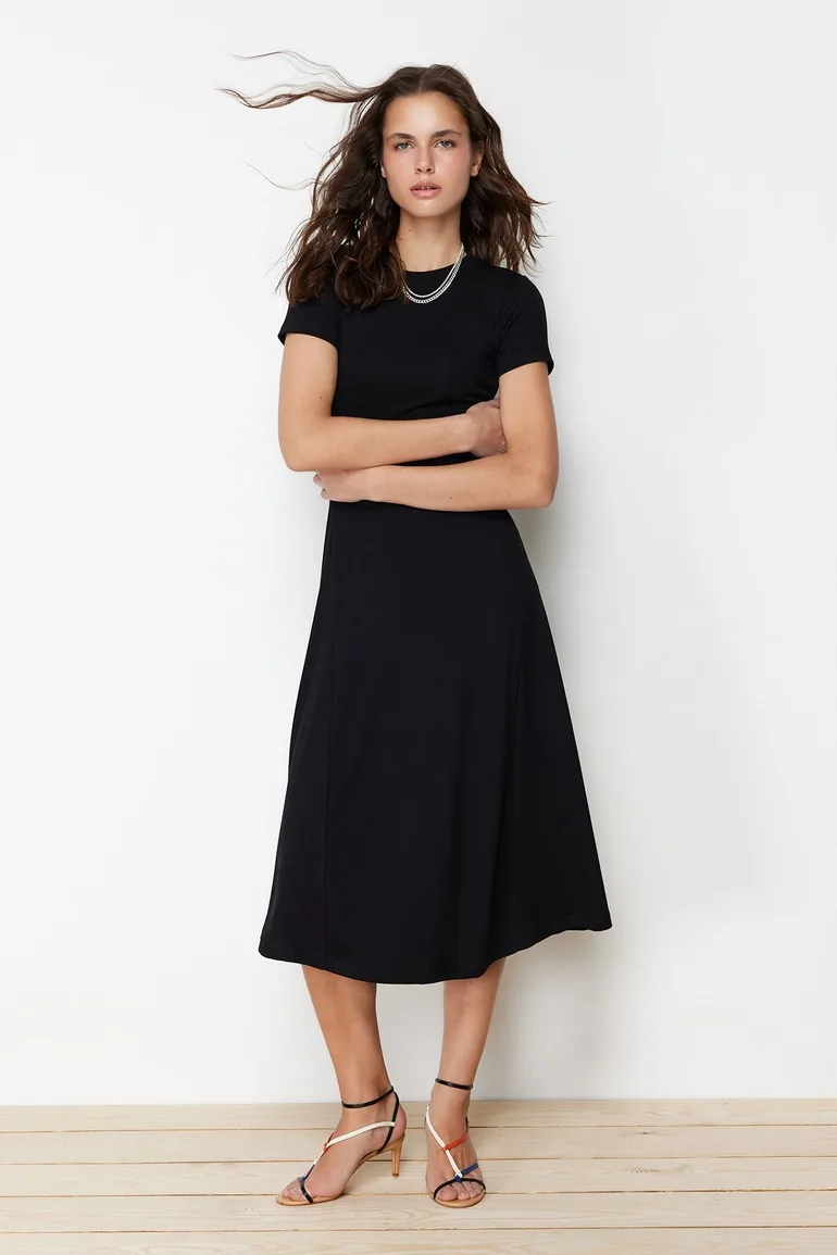 Black Flounce Midaxi Elastic Knitted Dress - 1