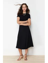 Black Flounce Midaxi Elastic Knitted Dress - 1