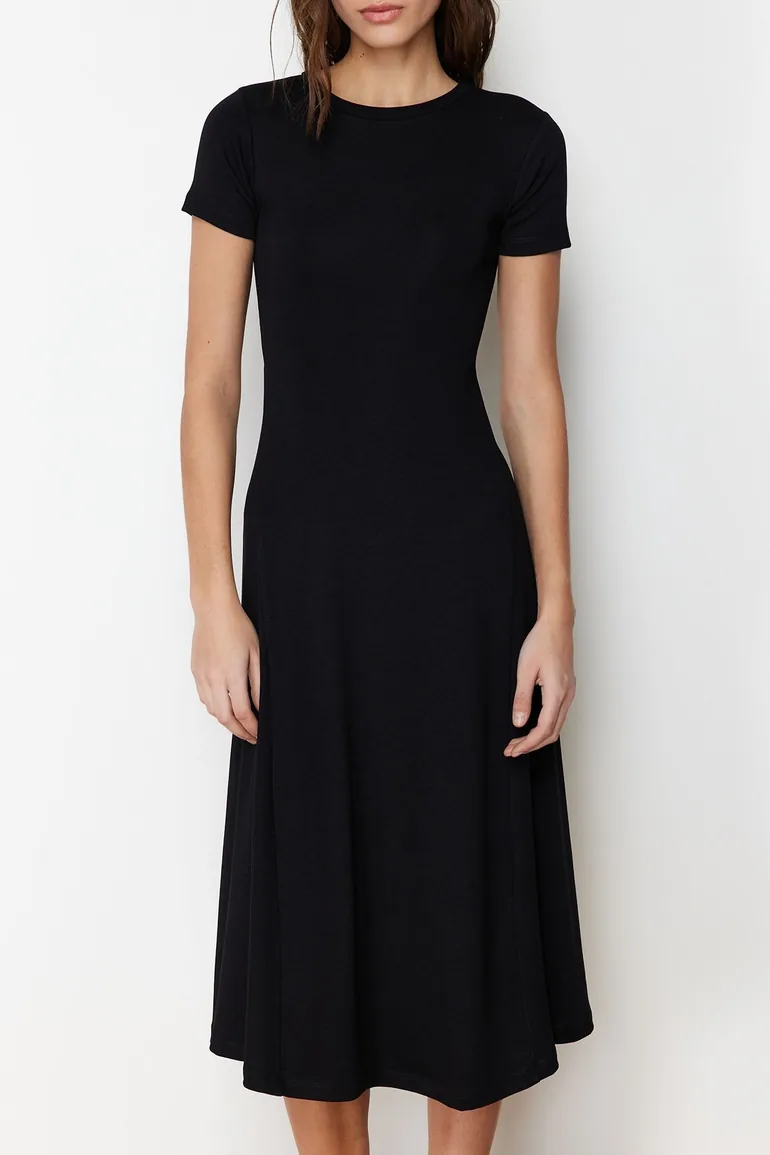 Black Flounce Midaxi Elastic Knitted Dress - 3