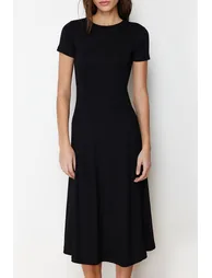 Black Flounce Midaxi Elastic Knitted Dress - 3