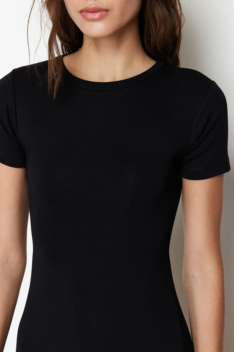 Black Flounce Midaxi Elastic Knitted Dress - 4
