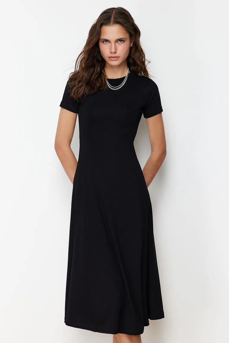 Black Flounce Midaxi Elastic Knitted Dress - 2