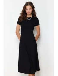 Black Flounce Midaxi Elastic Knitted Dress - 2