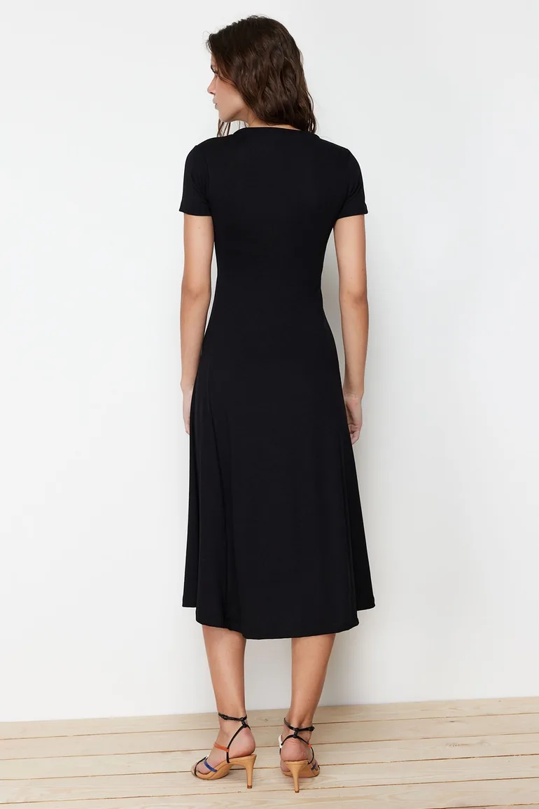 Black Flounce Midaxi Elastic Knitted Dress - 5