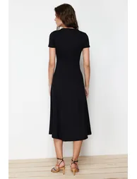 Black Flounce Midaxi Elastic Knitted Dress - 5