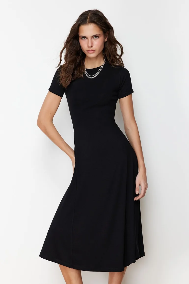 Black Flounce Midaxi Elastic Knitted Dress