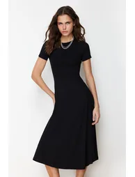 Black Flounce Midaxi Elastic Knitted Dress