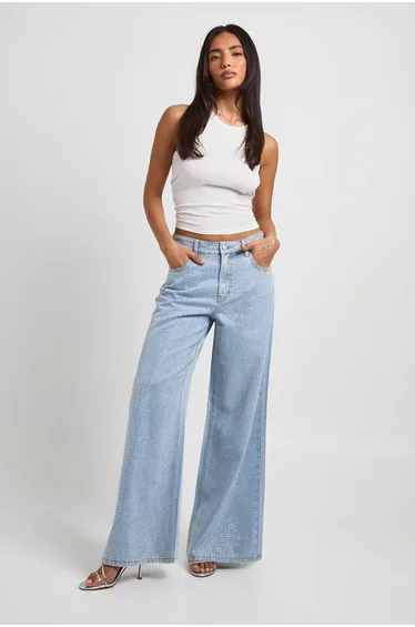 Embellished High Waist Wide Leg Jean - bleached blue