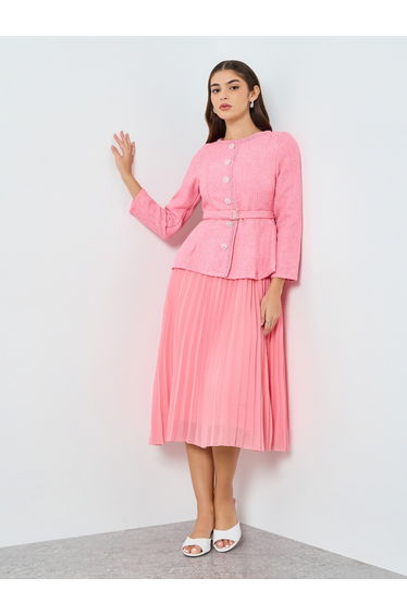 Women Pink Tweed Midi Dress with Belt
