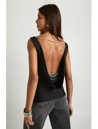Pearl Trim Satin Cowl Neck Top - black - 1