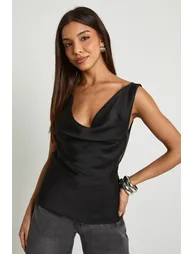Pearl Trim Satin Cowl Neck Top - black