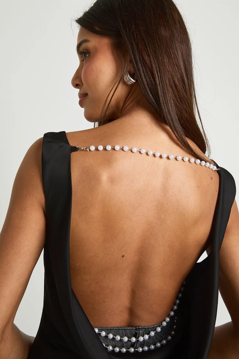 Pearl Trim Satin Cowl Neck Top - black - 3