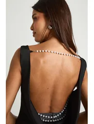 Pearl Trim Satin Cowl Neck Top - black - 3
