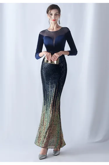 Ombre Sequins Velvet Spliced Gown in Navy