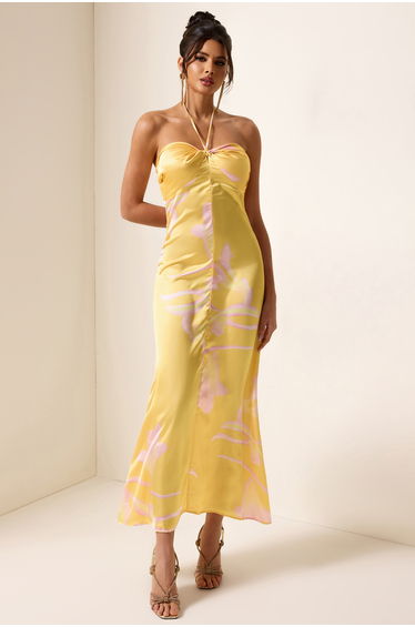 Édith Satin Floral Halter Neck Midi Dress in Yellow