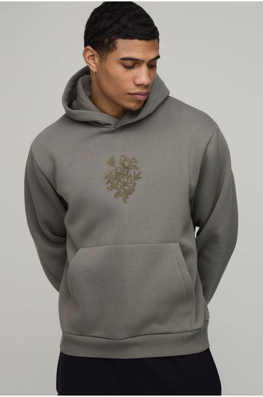 Oversized Floral Flocking Hoodie - khaki