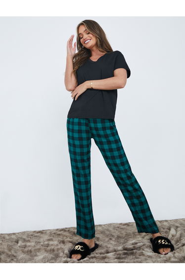 Solid V Neck T-shirt and Checked Print Pyjama Set