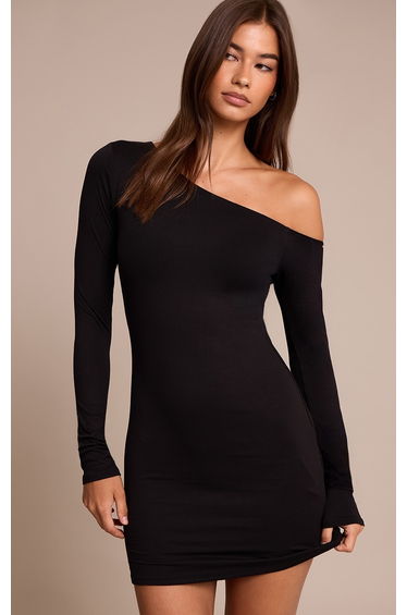 Black Soft Touch Jersey Asymmetric Bodycon Dress