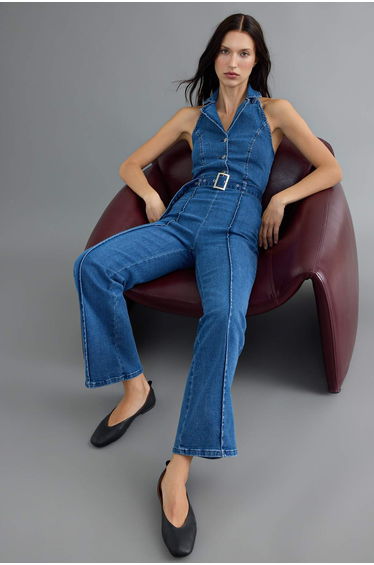 Blue Medium Stretch Halter Neck Belted Denim Jumpsuit product thumbnail 2
