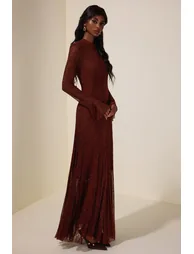 Lace Rhinestone Long Sleeve Maxi Dress - 5