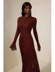 Lace Rhinestone Long Sleeve Maxi Dress - 2