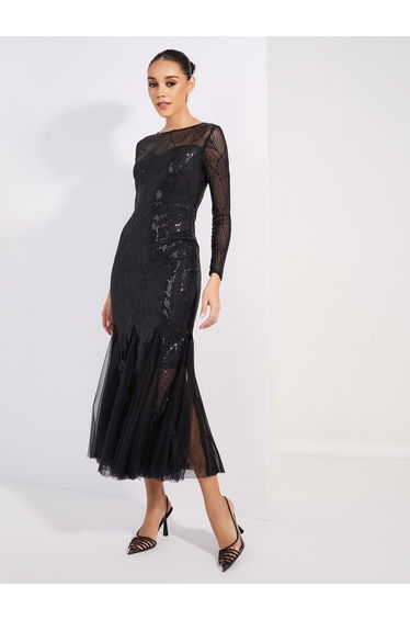 Sequined Mesh Insert Mermaid Fit Maxi Dress