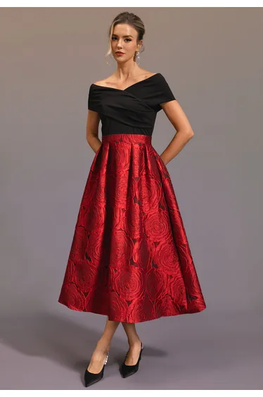 Cross Off-Shoulder Rose Embossed Jacquard Dress in Red