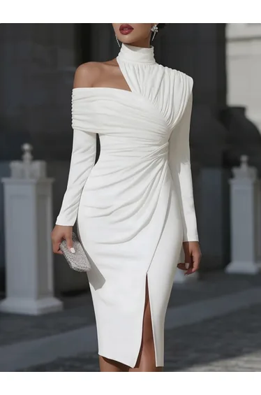 Irregularity Long Sleeves Asymmetric Pleated Solid Color Split-Front Split-Joint Split-Side High Neck Midi Dresses