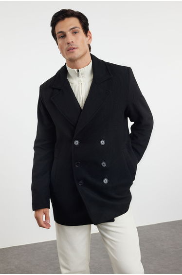 Black Regular Fit Double-Breasted Textured Winter Coat