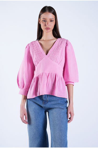 Women's Pink Deep V-Neck Lace Embroidered Muslin Blouse
