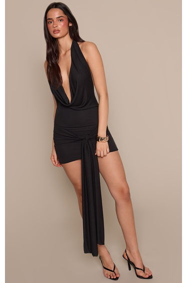 Black Onion Skin Cowl Neck Wrap Front Mini Dress