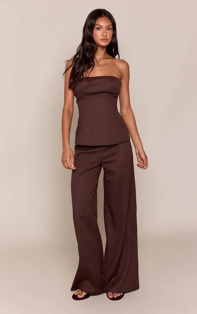 Chocolate Linen Bandeau Peplum Top Co-ord - 2